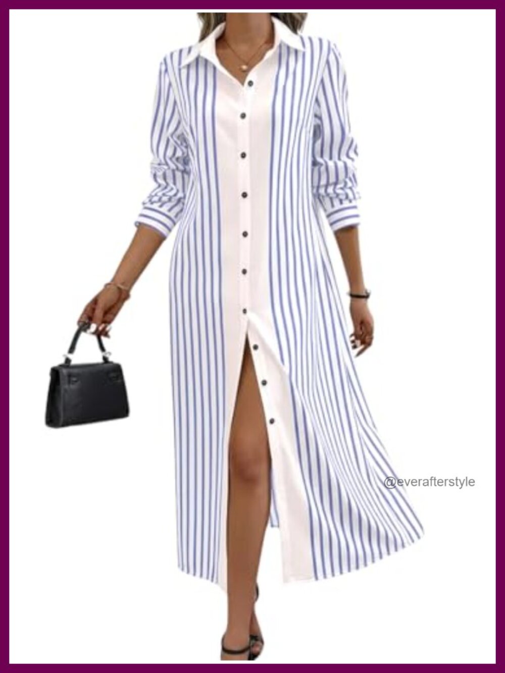 Women's Cotton Striped Button Down Midi Shirt Dress Long Sleeve Loose Fit